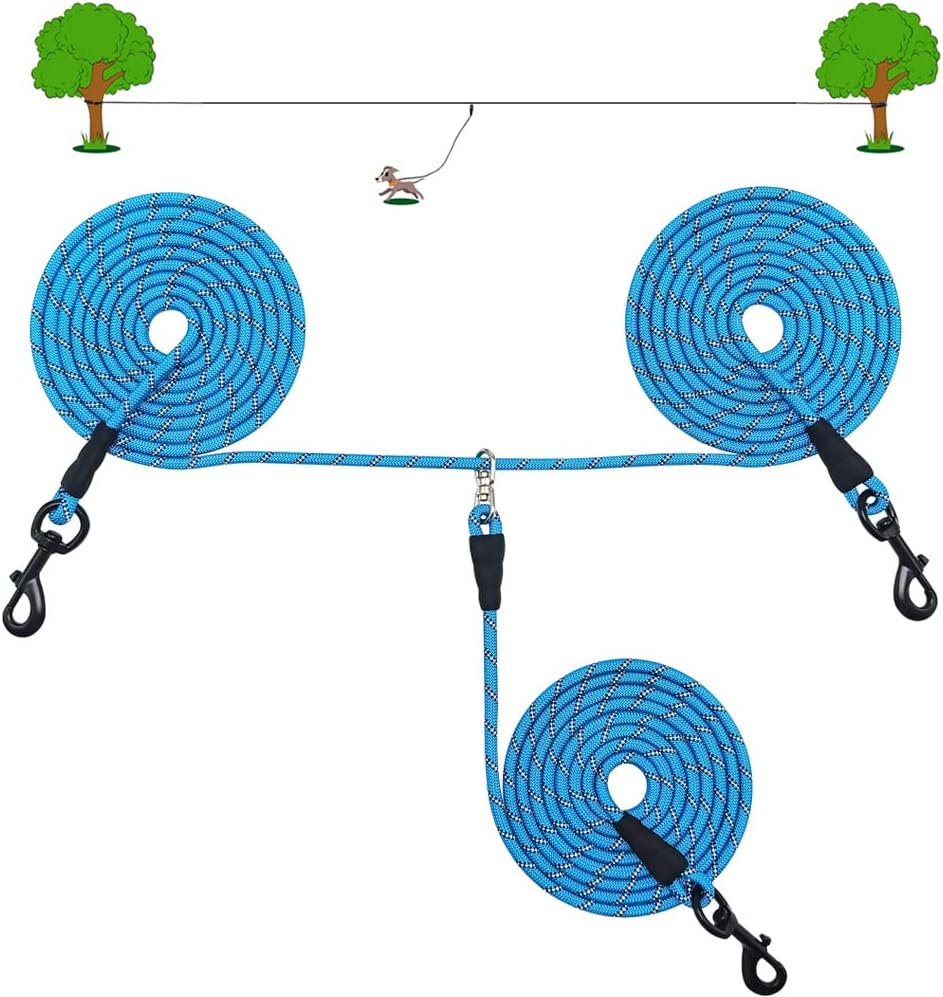 32 FT Dog Trolley System with 8 FT Runner Lead, Tie Out for 2 Dogs, Reflective Nylon Long Tether for Yard Running, Camping, 1/3 Inch Outdoor Rope Leash for Two Dogs, Blue