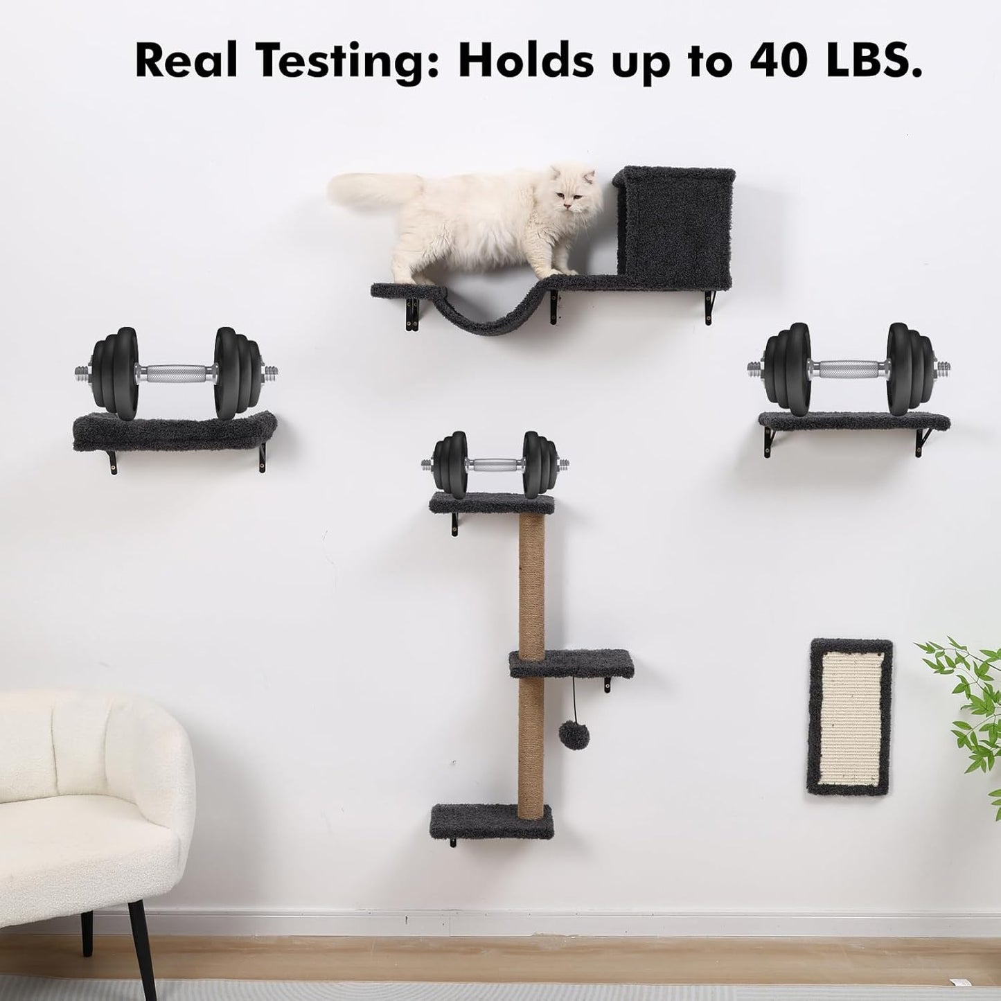 5-in-1 Cat Wall Shelves for Indoor Cats, Wall Mounted Cat Furniture with Bed, Cave, Scratching Post & Perch, Multi-Level Cat Climbing Wall, Space Saving Floating Cat Shelves (Natural Wood Darkgrey)