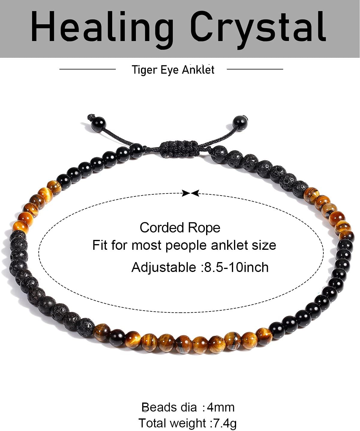 Jewever Anklet Bracelet For Women Tiger Eye/Lava Rock/Black Obsidian Healing Crystals Good Luck Gemstone Essential Oils Diffuser Jewelry