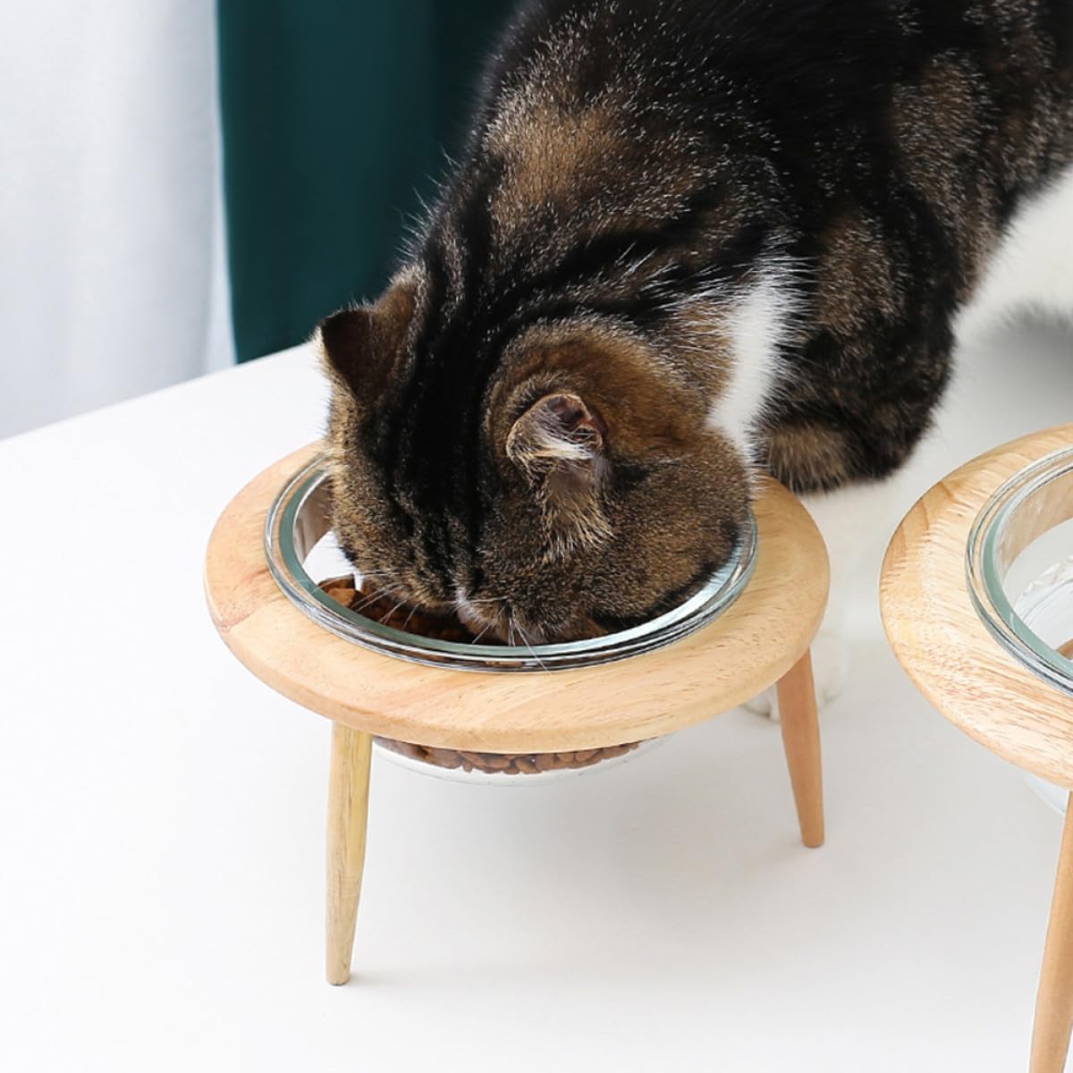 Milisten Glass Raised Pet Bowl with Wooden Stand 17.8cm 800ml Non-Spill Water Feeder and Food Dish for Cats and Dogs Elevated Feeding Supplies