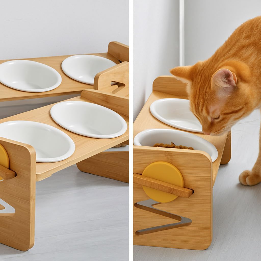 Cutie's PetBox Elevated Food & Water Bowl for Cats and Small Dogs, Adjustable Height Natural Bamboo Stand with Ceramic Dishes