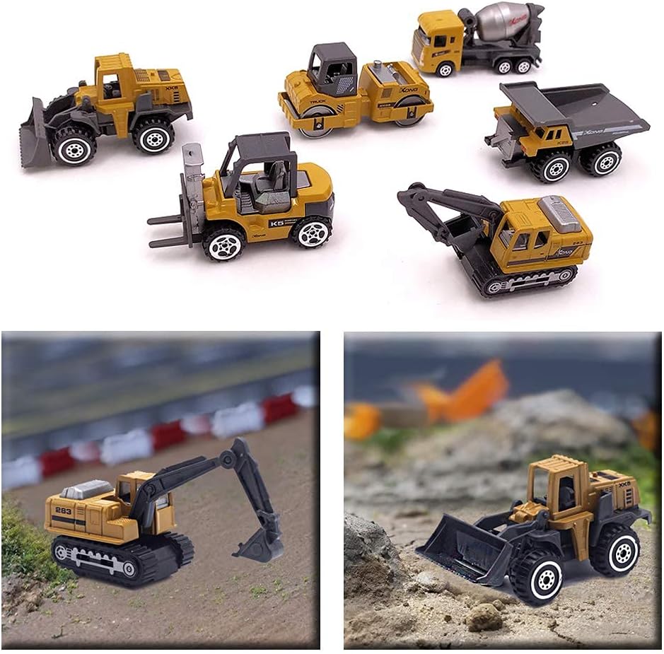 Kids Diecast Construction Vehicles Metal Engineering Cars Set Toys Play Trucks for Boys Age 3 4 Birthday Party Supplies Cake Topper (Pack of 6)