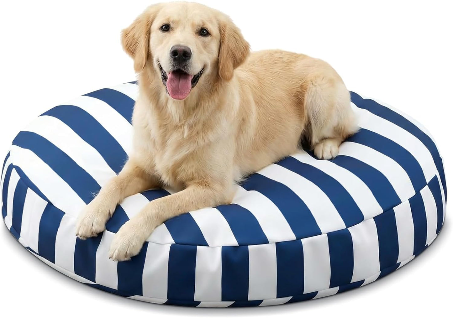 42 Inch Large Waterproof Outdoor Dog Bed, Washable Round Pet Bed for Medium Large Dogs, Blue and White Vertical Striped, UV Resistant Durable Pet Cushion for Indoor Outdoor Travel Use