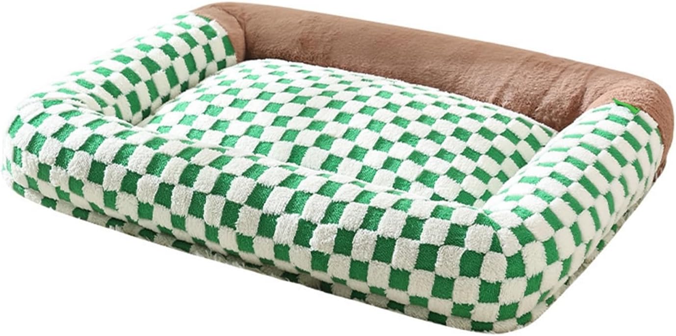 Checkerboard Square nest Soft Large pet Bed deep Sleep cat Kennel Winter Warm mat(Green,Small)