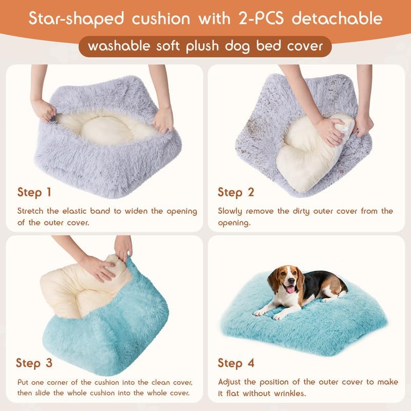 Washable Dog Bed, Small Dogs Beds, 2 PCS Removable Washable Fluffy Pet Bed Cover, Replaceable Dog Crate Pad, Calming Puppy Bed, Comfy Kennel Pad, Plush Cat Mat, 24" x 16", Gray + Blue Green