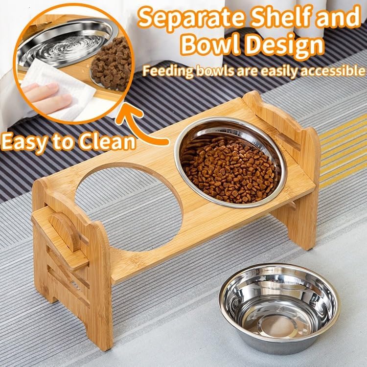 Elevated Dog Bowls, Adjustable Raised Tilted Food Water Bowl, Slanted Bamboo Pet Feeding Station with Stainless Steel Bowl for Small & Medium Dogs, Cat Kitten Flat Faced Puppy Feeder