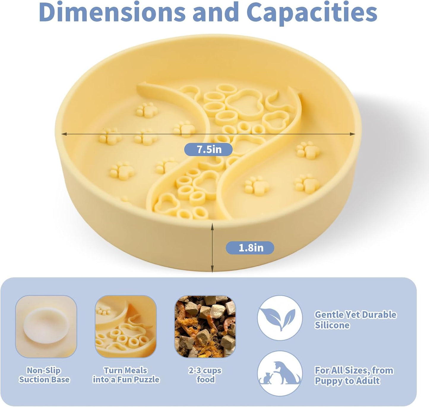 Lervynxi- Slow Feeder Dog Bowl with Non-Slip Suction Base, 7.5 * 1.8 Inch Non-Skid Pet Food Dish for Cats & Dogs, Large Capacity Puzzle Bowl for Dry/Wet Food to Extend The Mealtime, Dishwasher Safe