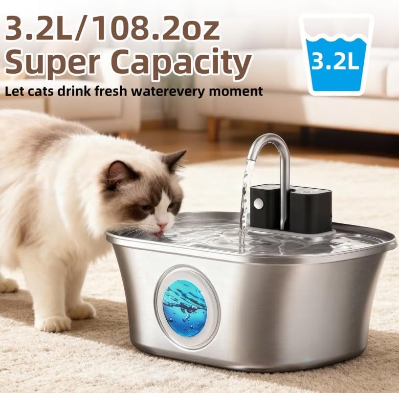 Casfuy PWL-300 Wireless Smart Quiet Stainless Steel Cat Water Fountain, 108-oz