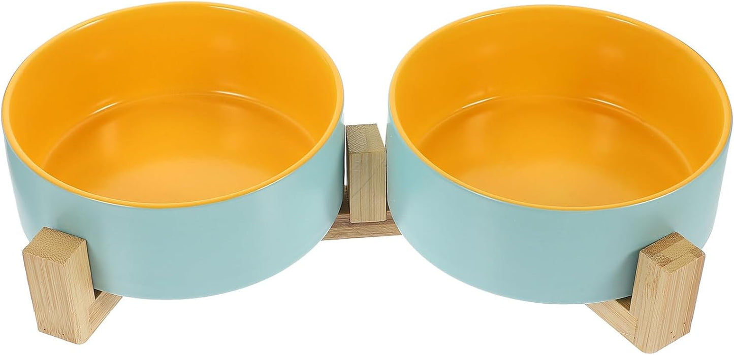 PRETYZOOM Ceramic Cat Bowls Set with Dual Raised Wood Stand, Matte Finish Blue and Yellow Inner Bowls, Small Size Elevated Feeding Station for Kittens and Cats