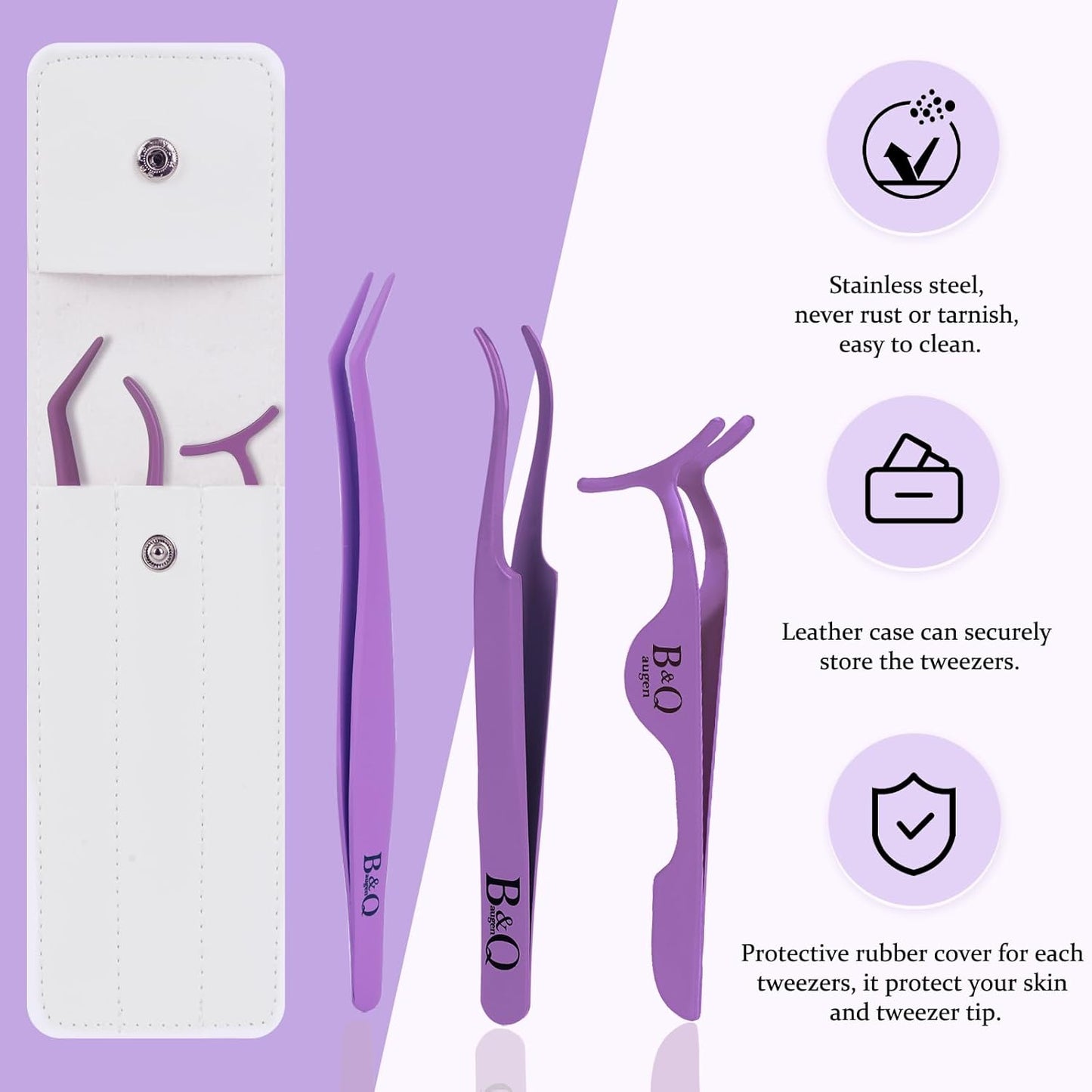 B&Q Eyelash Applicator Tool 3 PCS Lash Applicator Tool Kit Lash Tweezers for Eyelash Extensions Application Tool and Removal （Purple,3 PCS）