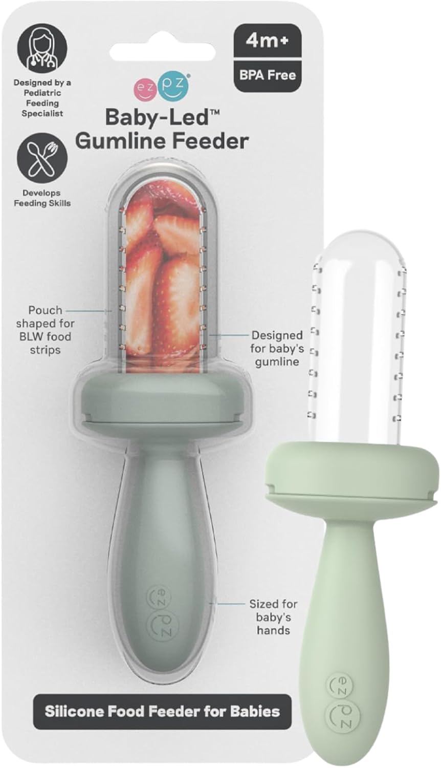 ezpz Baby-Led Gumline Feeder (Sage) - Silicone Fruit Feeder for Infants 4 Months + - Baby Feeding Essentials - BLW Tools - Works Best with Compatible Ice Tray (Sold Separately)