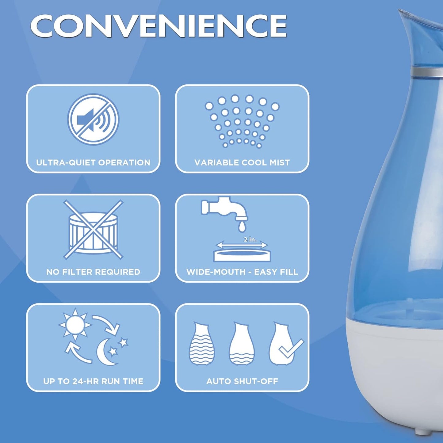 HealthWise Cool Mist Ultrasonic Humidifier | For Medium Size Rooms | No Filter Required | 24 Hour Run Time, Blue, 2.6L