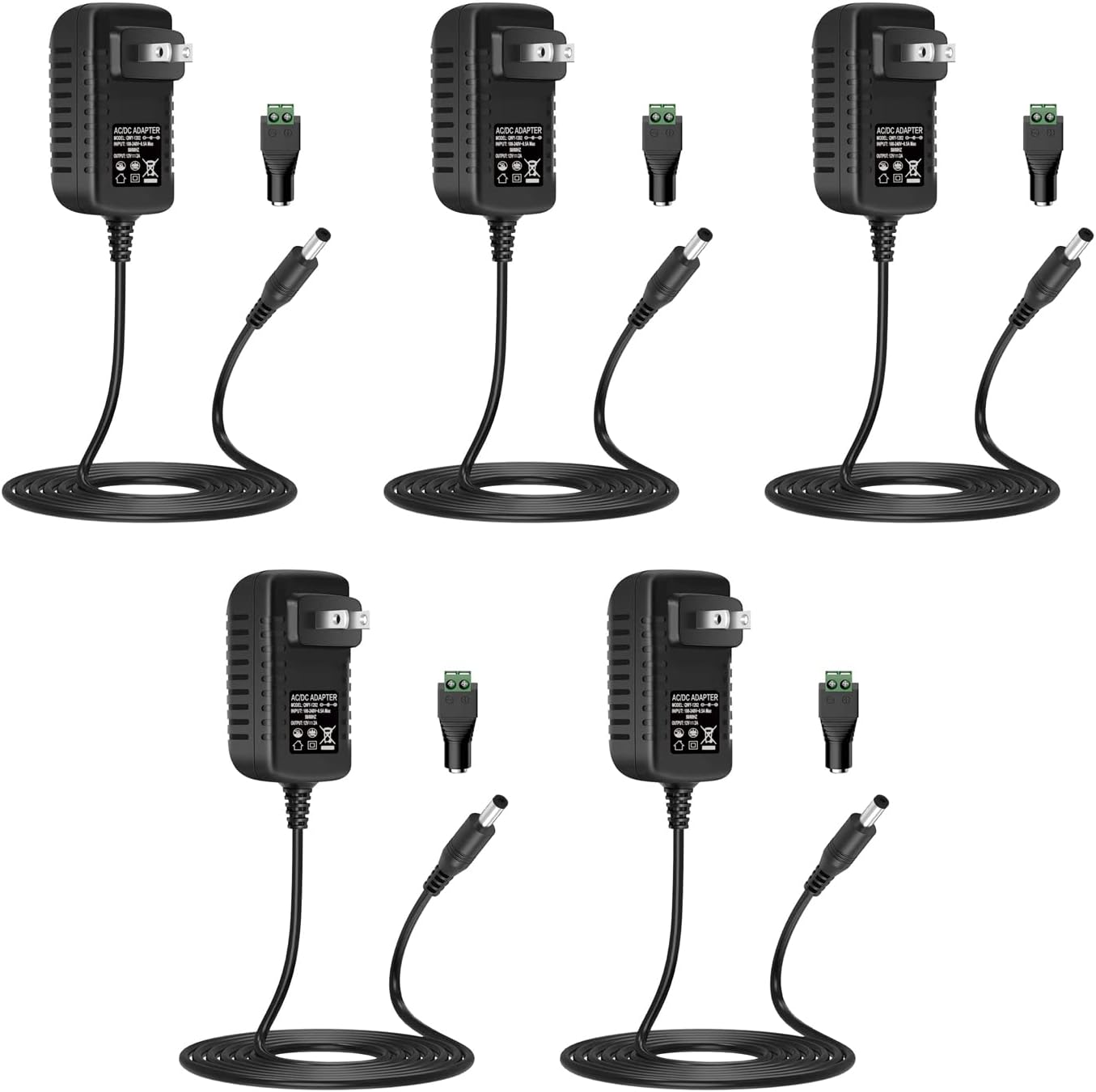 12V 2A Power Supply Adapter, 12 Volt Power Supply for LED Strip Lights, 120V AC to 12V DC Transformer,3.28Ft Cord, 24 Watt Max(5 Pack)