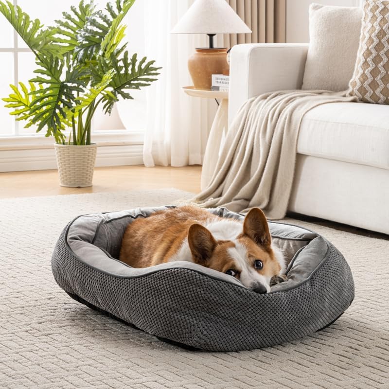 Happy Pets Luxury Orthopedic Pet Bed, Wide Stripe, Brown or Dark Gray Square Nest Bolster Design, Machine Washable Cover, for All Breeds (Dark Gray, 20" x 19" x 6")