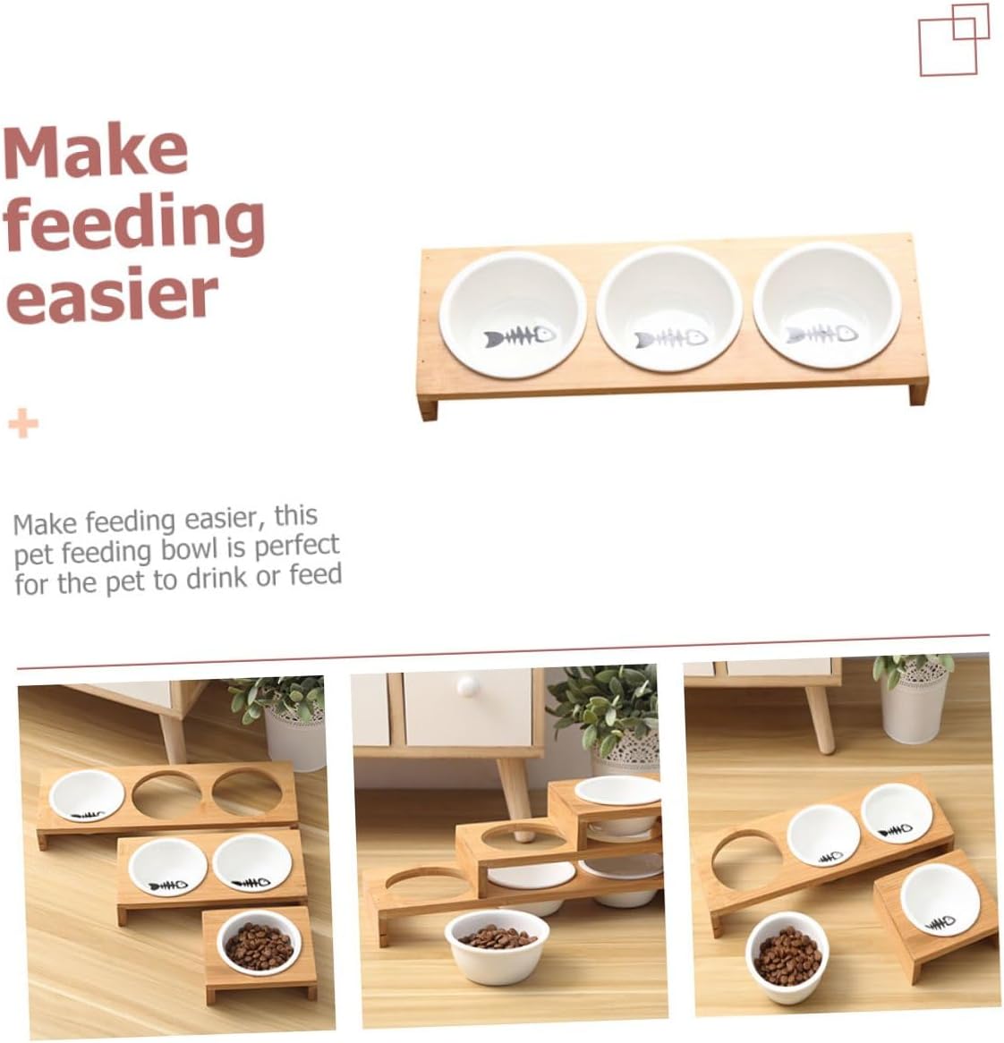 PRETYZOOM Ceramic Cat Dog Food Bowl Set with Raised Stand, 3-Compartment Pet Feeding Dish for Indoor Use, Portable Water and Food Container for Cats and Puppies