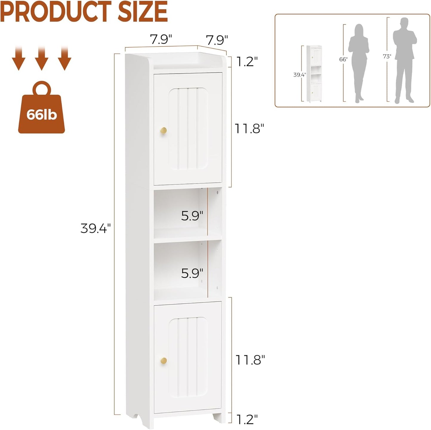 ANWBROAD Slim Bathroom Storage Cabinet Corner Narrow Cabinet with 2 Doors and Adjustable Shelf Freestanding Small Bathroom Organizers and Storage for Small Spaces, Kitchen, Living Room White USBC011W
