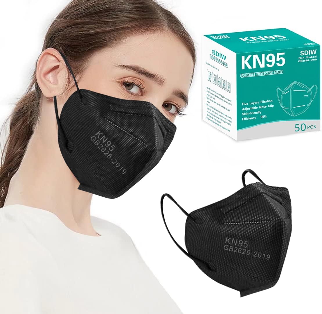 50PCS KN95 Face Masks Black 5 Layer Cup Dust Safety Filter Efficiency≥95% with Elastic Ear Loops and Nose Bridge Clip Breathable Mask