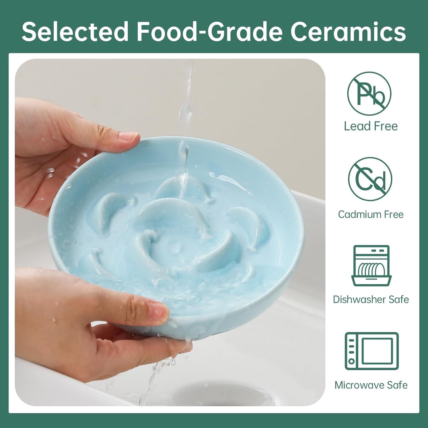 Cat Slow Feeder Bowl Set - 2 Pcs Ceramic Cat Food Plates for Slow Eating - Double Cat Dish for Dry Wet Food - Slow Feeding Cat Bowls Whisker Friendly - Microwave and Dishwasher Safe - Blue and Green