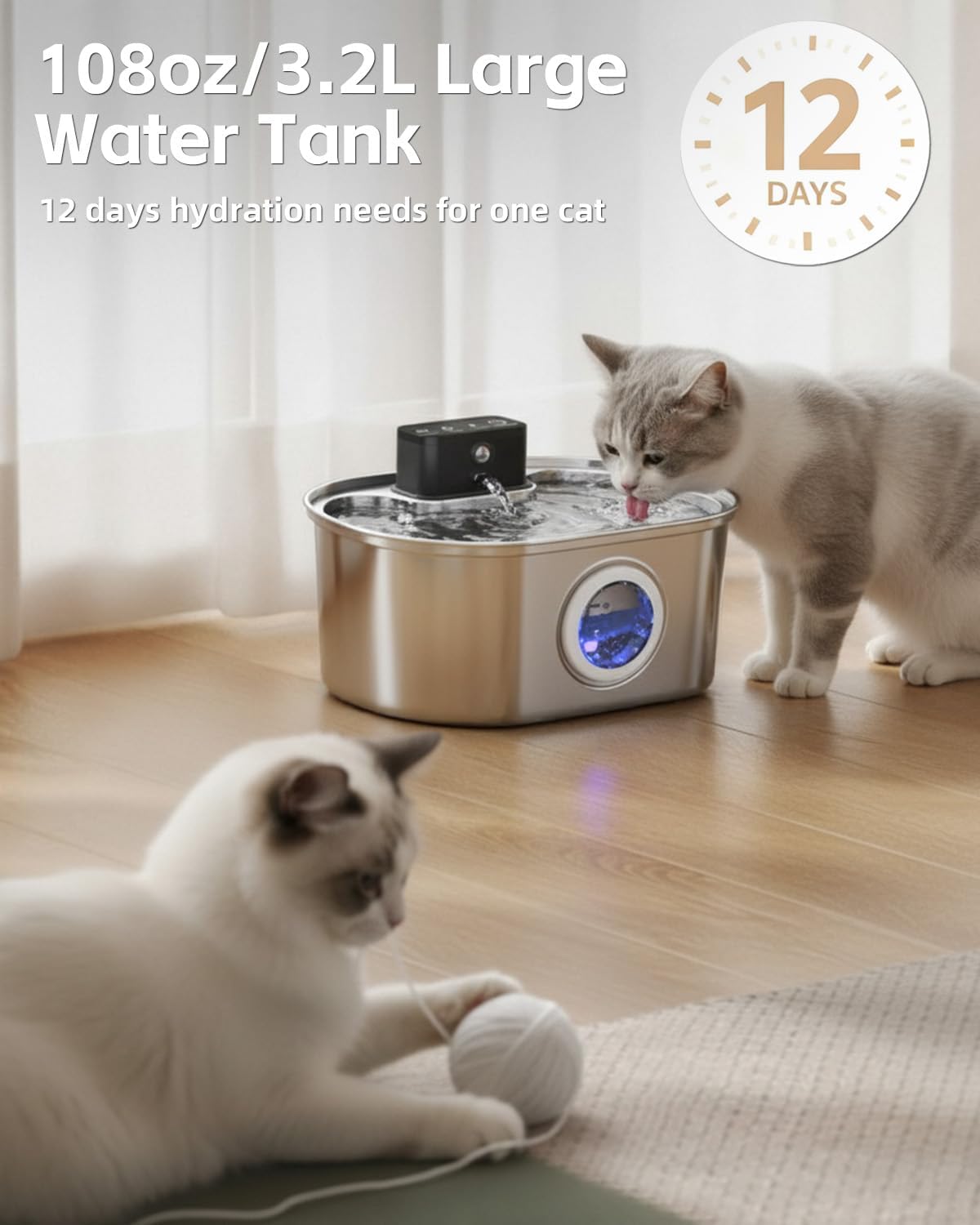 Cat Water Fountain Cordless, Stainless Steel Pet Water Fountain Wireless – 3.2L/108oz Battery Operated Automatic Water Dispenser for Cats Indoor, with Motion Sensor & Quiet Pump (4 Filter & Sponge)