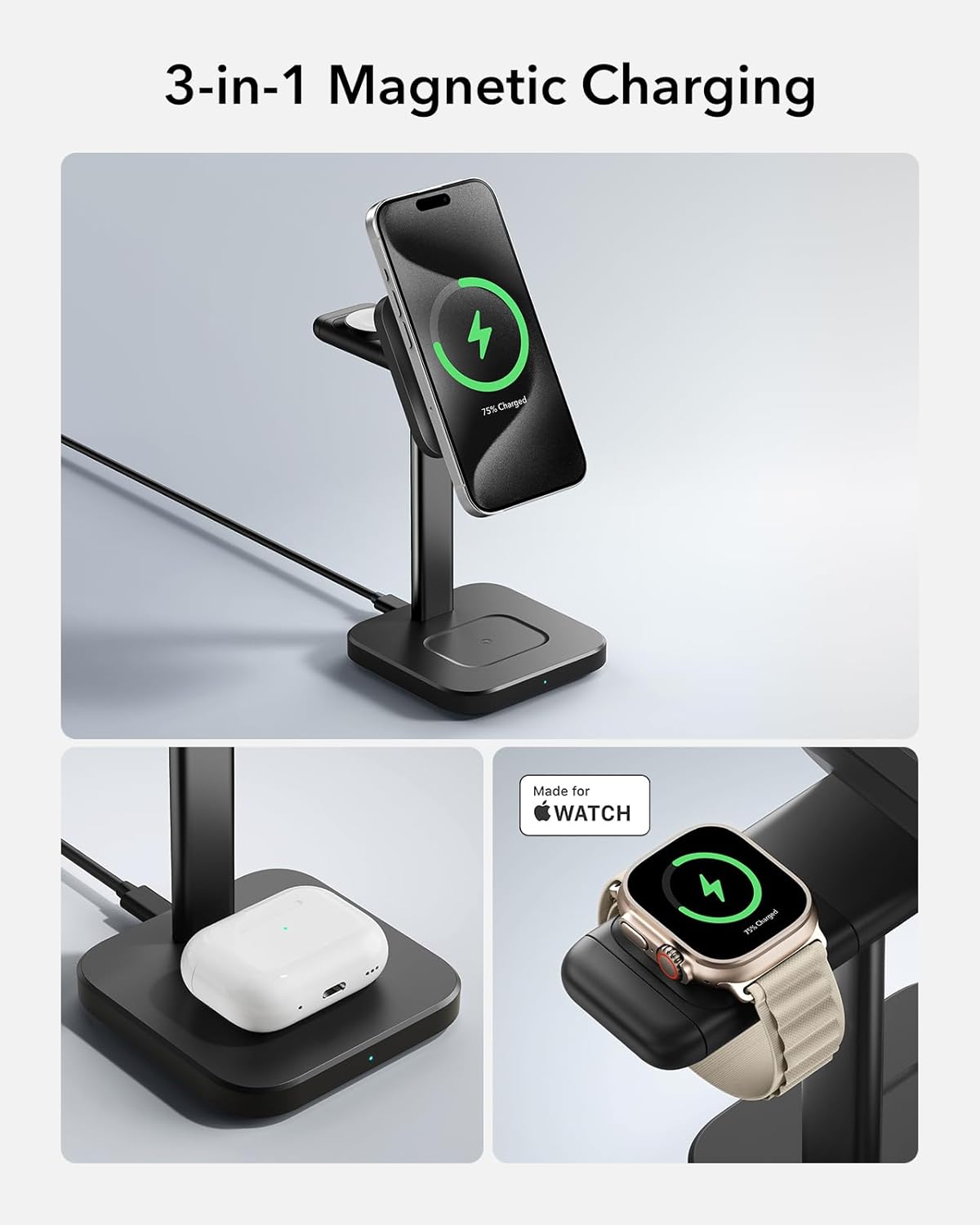 ESR 3 in 1 Wireless Charging Station for Apple[Certified] Portable Apple Watch Charger & MagSafe Charger Stand, Wireless Charger for Multiple Devices iPhone 16/15/14/13/12&Watch&AirPods, Black