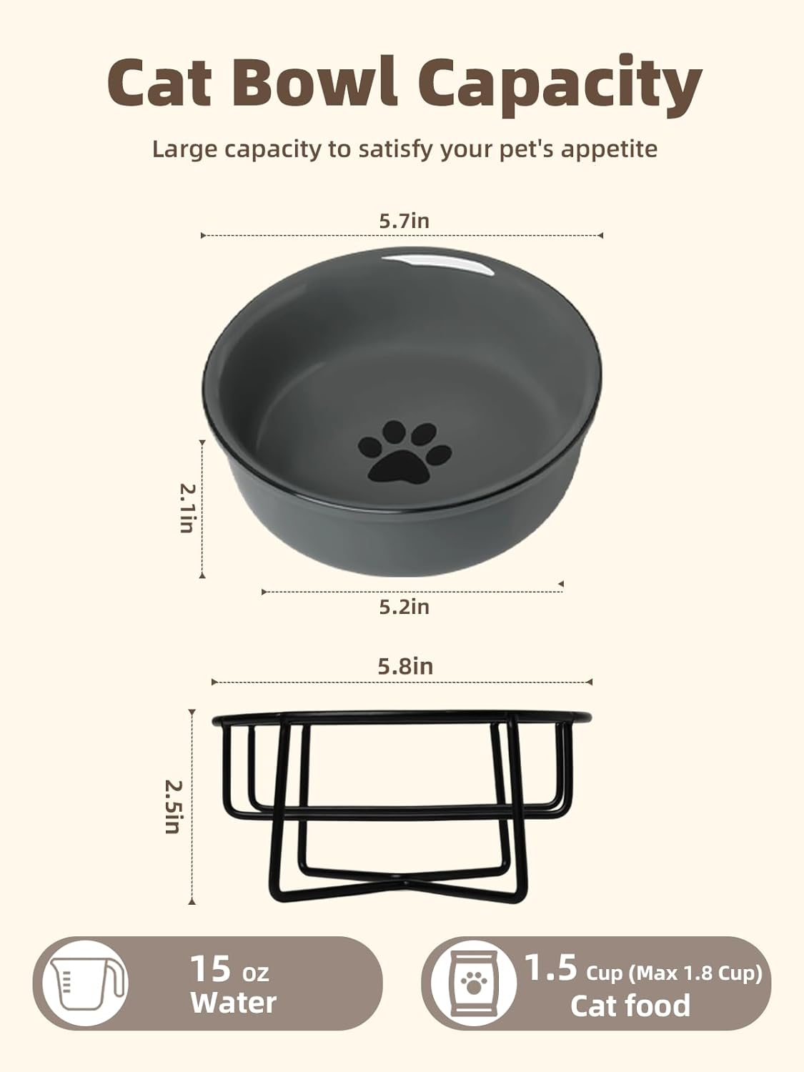 GDCZ Ceramics Raised Cat Bowl with Heighten Metal Stand for Pet Food, 15 Ounces (Grey)