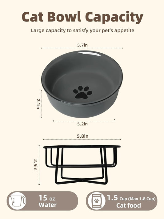 GDCZ Ceramics Raised Cat Bowl with Heighten Metal Stand for Pet Food, 15 Ounces (Grey)