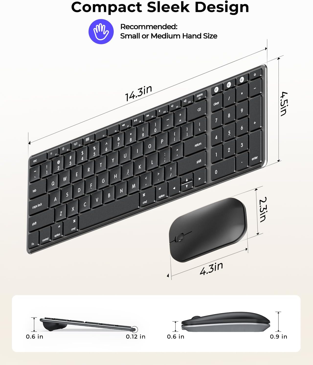 seenda Bluetooth Keyboard and Mouse Combo for Mac, SKM64-2 Rechargeable Slim Wireless Keyboard Mouse Compact, 3 Multi-Device Connection, Compatible for Mac, MacBook Pro/Air, iPad, Black Gray