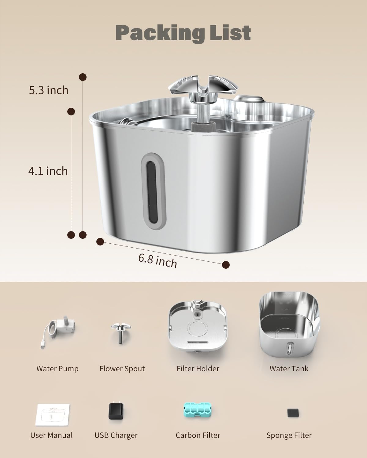 Cat Water Fountain Stainless Steel with 4 Filters & 4 Sponges, 74oz/2.2L Automatic Pet Drinking Fountain, Indoor Water Dispenser for Cats, Kittens, Small Dogs and Pets, Quiet Circulating Pet Fountain
