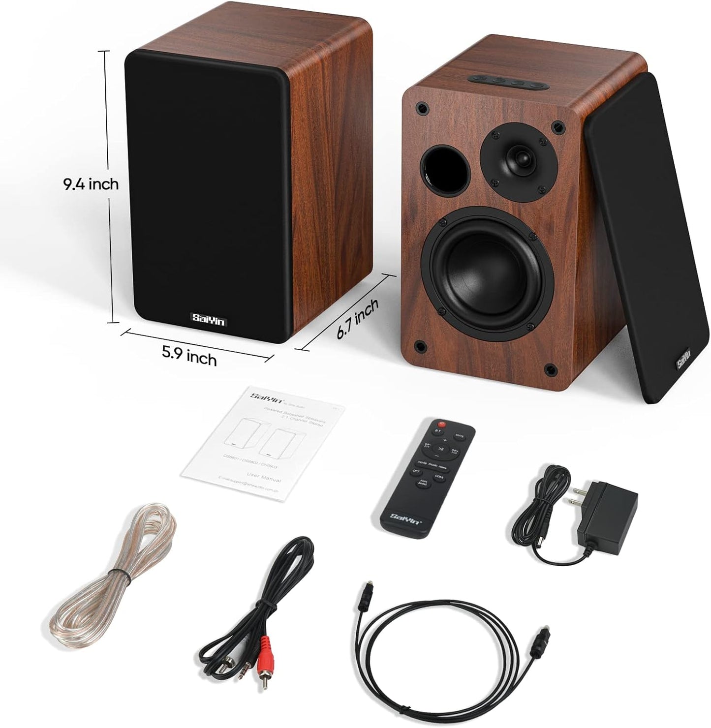 Saiyin Bluetooth Bookshelf Speakers, 40W X 2 Powered TV Speakers with 4 Inch Woofer, Turntable Speakers with Optical/AUX Input/Subwoofer Line Out for PC and TVs