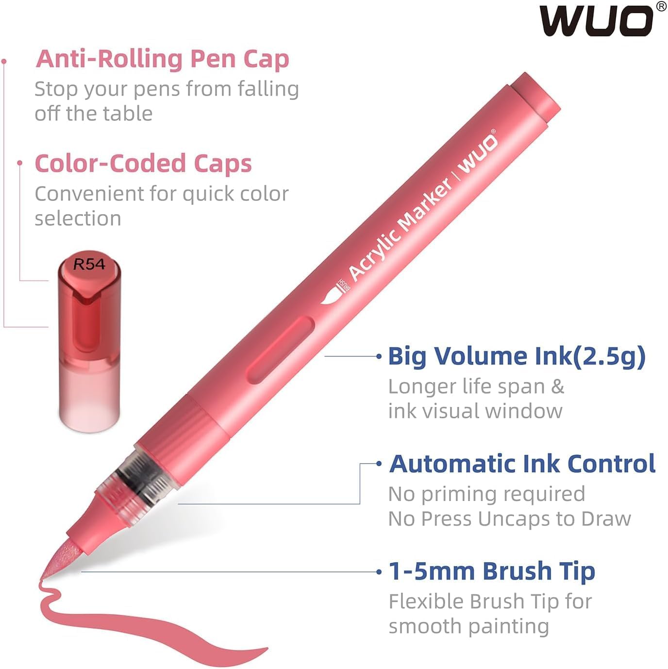 WUO 36 Colors Acrylic Paint Markers, Water-Based No-Bleed Markers, Automatic Ink Control Brush Tip for Multi-Surface Acrylic Paint Pens for Rock Painting, Wood, Canvas, Glass, DIY Art