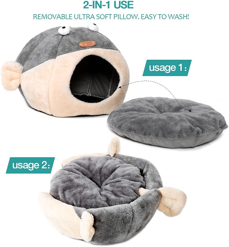 Cat Beds for Indoor Cats - Cat Bed Cave with Removable Washable Cushioned Pillow, Soft Plush Premium Cotton No Deformation Pet Bed, Lively Pufferfish cat House Design, Grey, Multiple Sizes