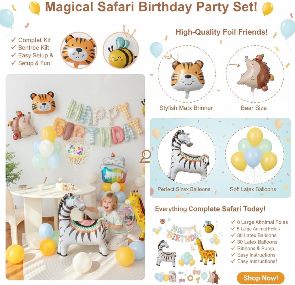 Animals Happy Birthday Foil Balloon Decorations Kit for Kids Birthday, Jungle Zoo Theme Zebra Giraffe Tiger All-In-One Party Supplies with Birthday Banner (Animal Birthday Set)