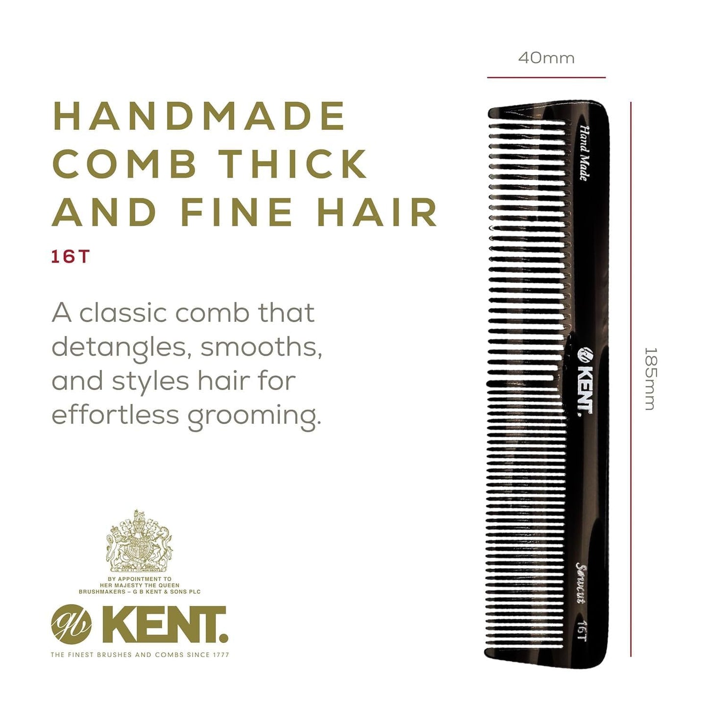 Kent 16T-16TG Fine Tooth and Wide Tooth Comb for Daily Grooming, Handmade Styling Comb for All Hair Types, Styling and Detangling Combs for Men and Women