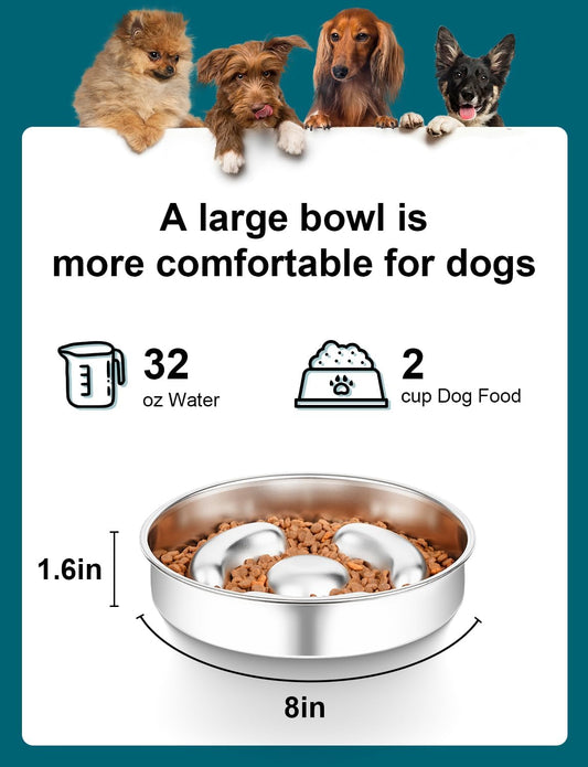 Slow Feeder Dog Bowl Stainless Steel，8-inch Diameter Dog Slow Feeder Bowl，Heavy Duty with Non-Slip Rubber Base，2Cups Capacity for Medium & Large Dog.Thick and Heavy Edition