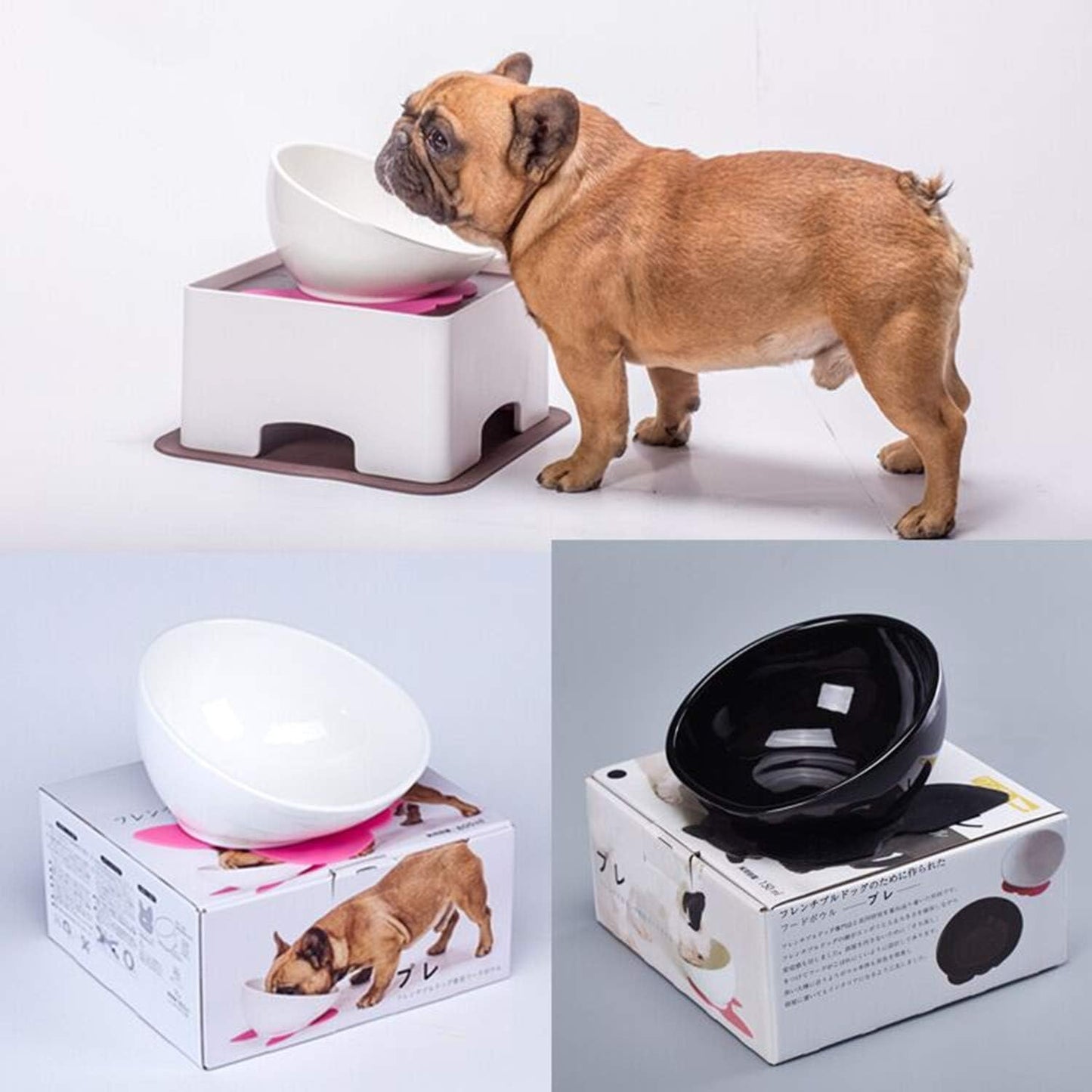 Bulldog Bowl Ceramic Dog Food Bowl - Cat Dish Wide Mouth Dog Bowl Pet Sterile Tilted Pet Feeder with Anti-Skid Rubber Mat (White M/1.5 Cup)