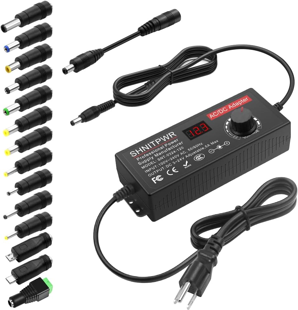 SHNITPWR AC Adapter 120W Universal Power Adapter 4V 5V 6V 9V 12V 15V 18V 19V 20V 24V Adjustable Switching Power Supply 100V~240V AC to DC 4V ~ 24V 5A Converter with 14 Tips & Polarity Converter