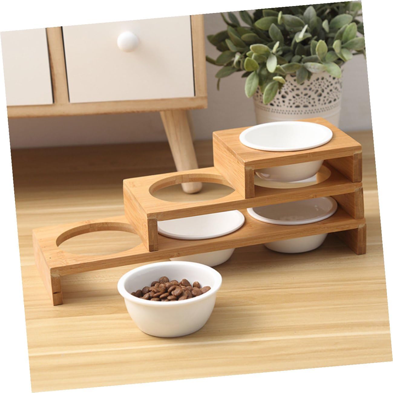 FAVOMOTO Elevated Stand Cat Bowl Set with Ceramic Bowls, Indoor Raised Pet Water and Food Dish for Kittens and Dogs, Non-Slip Household Feeding Supplies