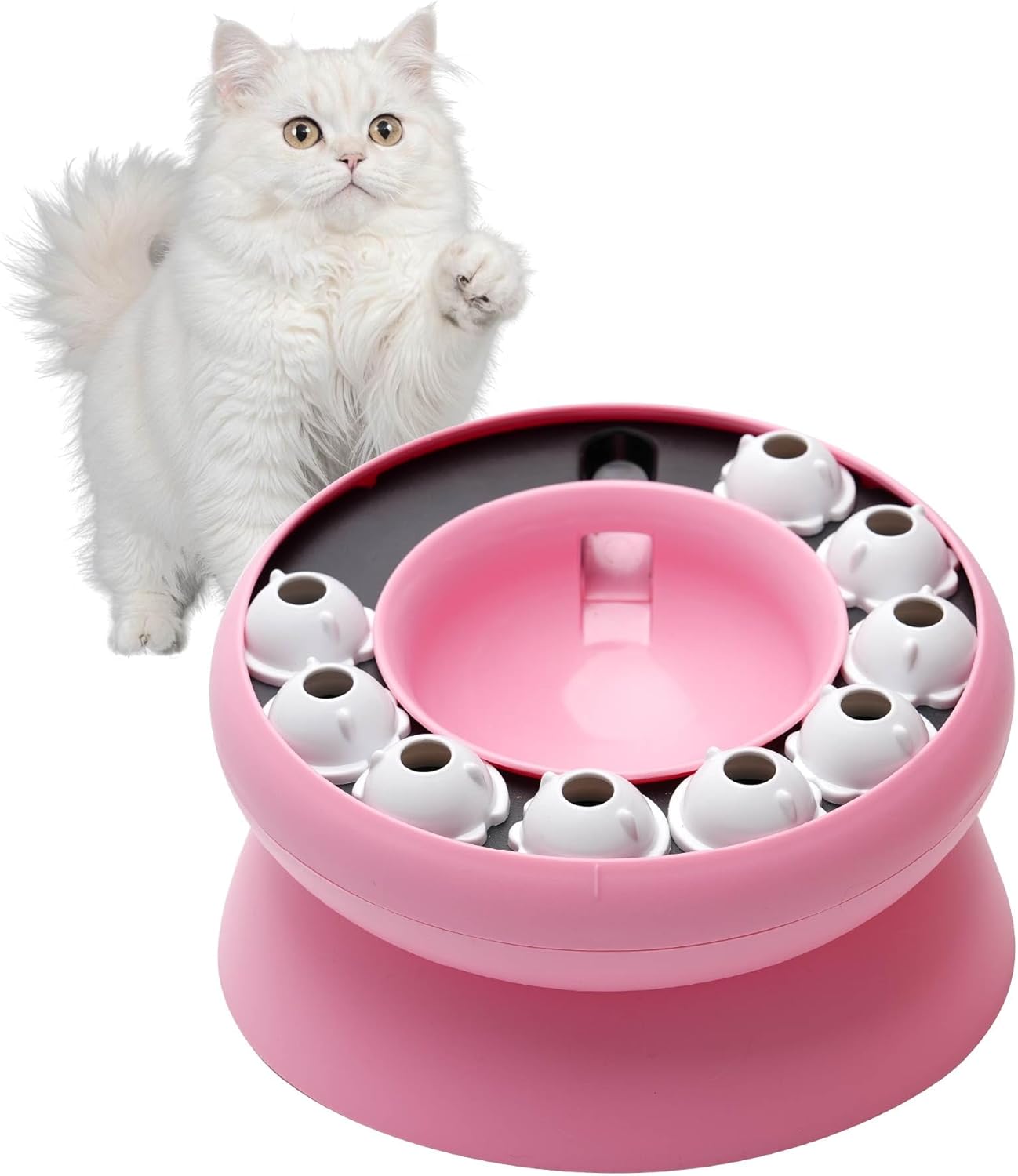 BelleBête & Co. 2-in-1 Elevated Cat Slow Feeder Bowl – 15° Tilted Interactive Puzzle Feeder with Rotate-to-Feed & Non-Slip Base, Anti-Gulping & Digestive Health for Indoor Cats | Pink
