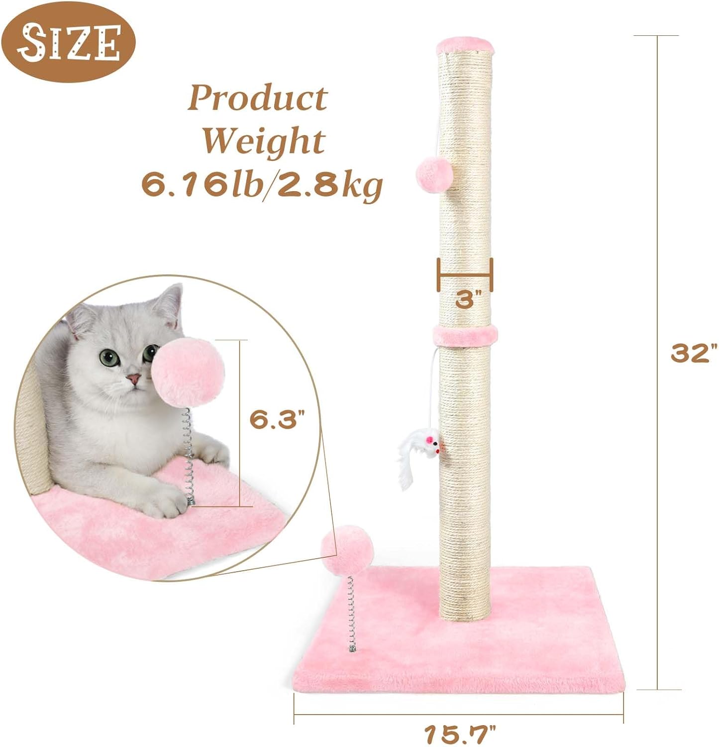 ANWA 32" Tall Cat Scratching Posts for Indoor Cats, 3-in-1 Cat Scratching Post with Plush Toys, Premium Sisal Post for Cats at All Ages with Reinforced Stable Base, Pink