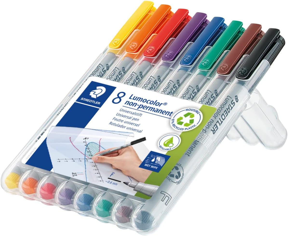 Staedtler Lumograph Non-Permanent Wet Erase Marker Pens, Fine Tip Refillable Colored Markers, 8 Pack, 315 WP8