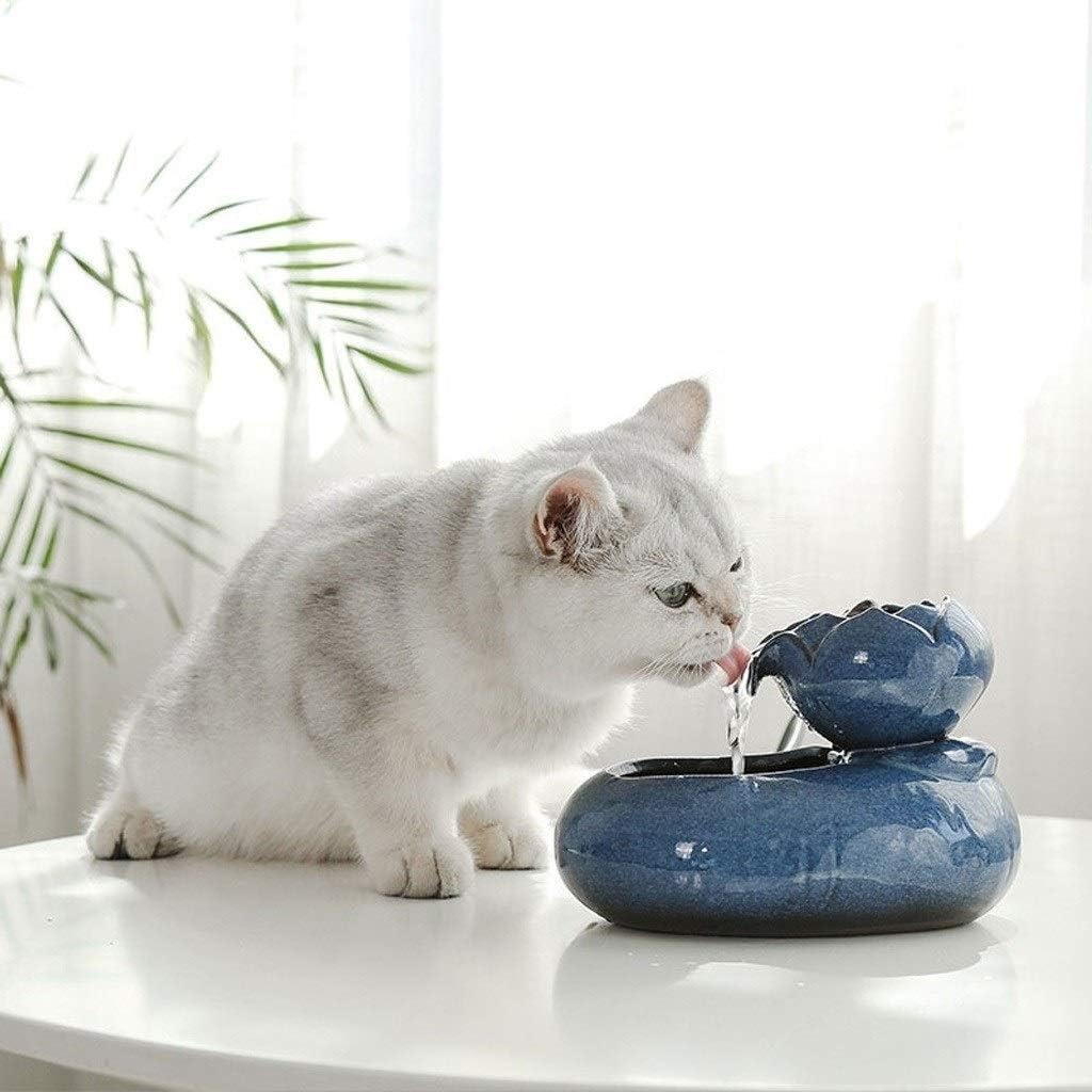 Cat Water Fountain Ceramics Cat and Dog Drinking Fountains Ultra-Quiet Design Intelligent Circulating Water (Color : Black) (Blue)