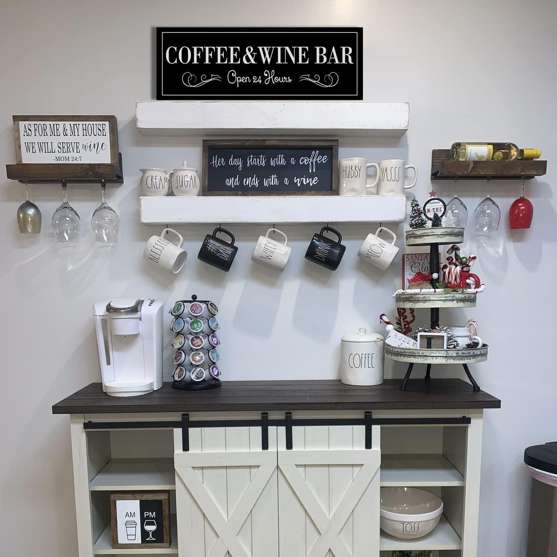 WOWGOOMO Coffee and Wine Bar Signs Decor, Classic Kitchen Wine Cabinet Decorative Signs & Plaques, Black Bar Accessories, 6x17 Inches