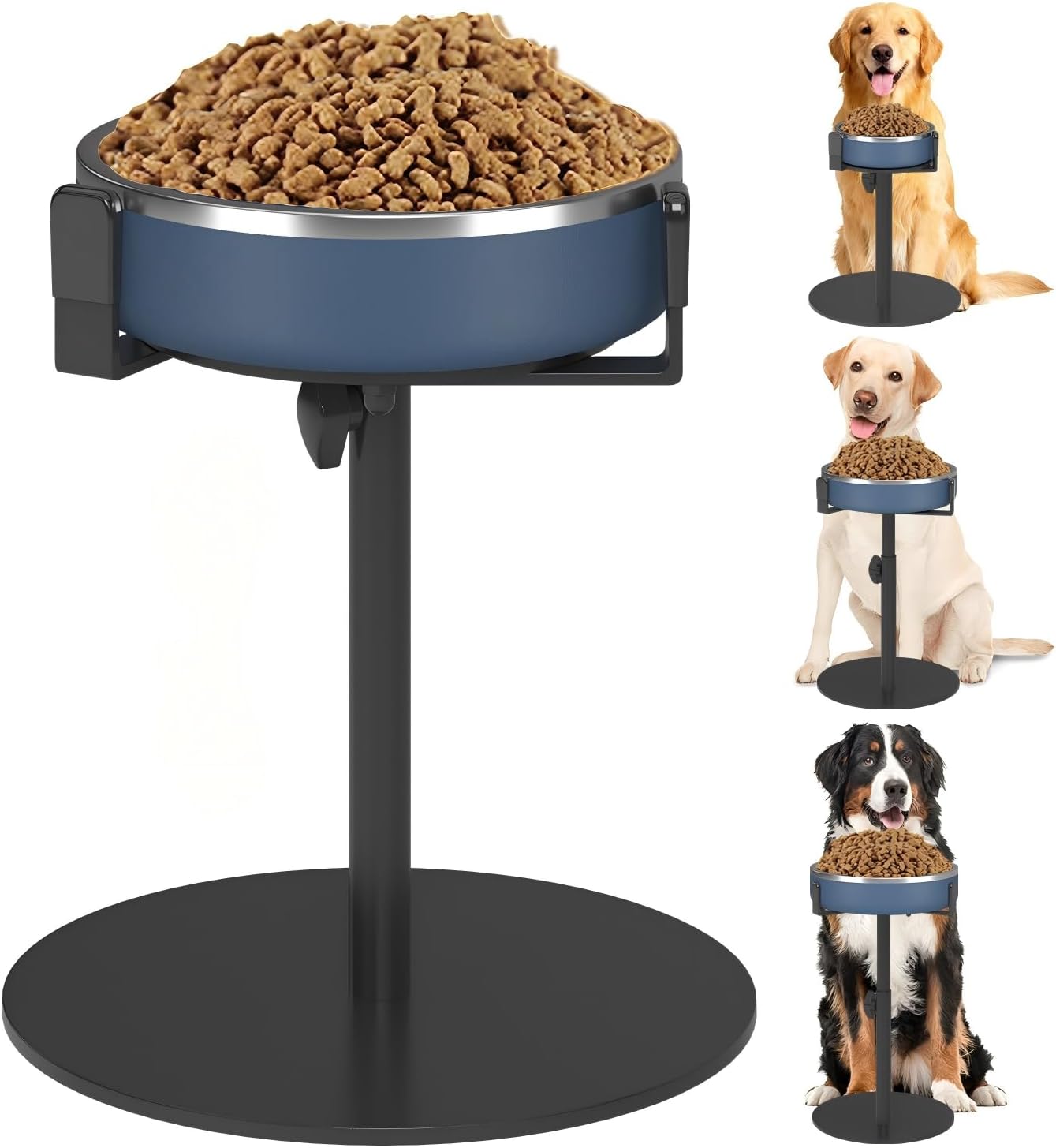 Extra-Stable Elevated Dog Bowl Stand, Adjustable Height 8-16in, Width 6-10in, Tall Single Lifted Food Holder for Large Medium Size Breeds, Metal Non-Slip Raised Dish Riser Pet Water Feeder