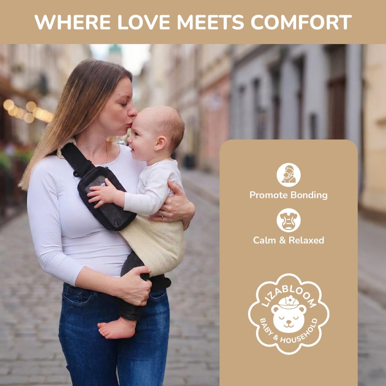 LizaBloom Baby Sling Carrier, Toddler Carrier 15–44 lbs with Adjustable Padded Shoulder Straps, Non-Slip Support, Removable Zippered Pouch, Side Sling Baby Carrier, Lightweight & Travel-Friendly