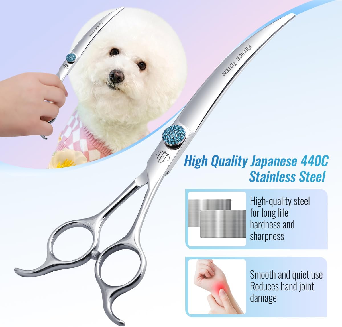 Fenice Professional Grooming Curved Shear: 45 Degree Super Curves Scissors for Dogs 7.5" Big Arc Curved Shears Made Of Japanese 440C Stainless Steel