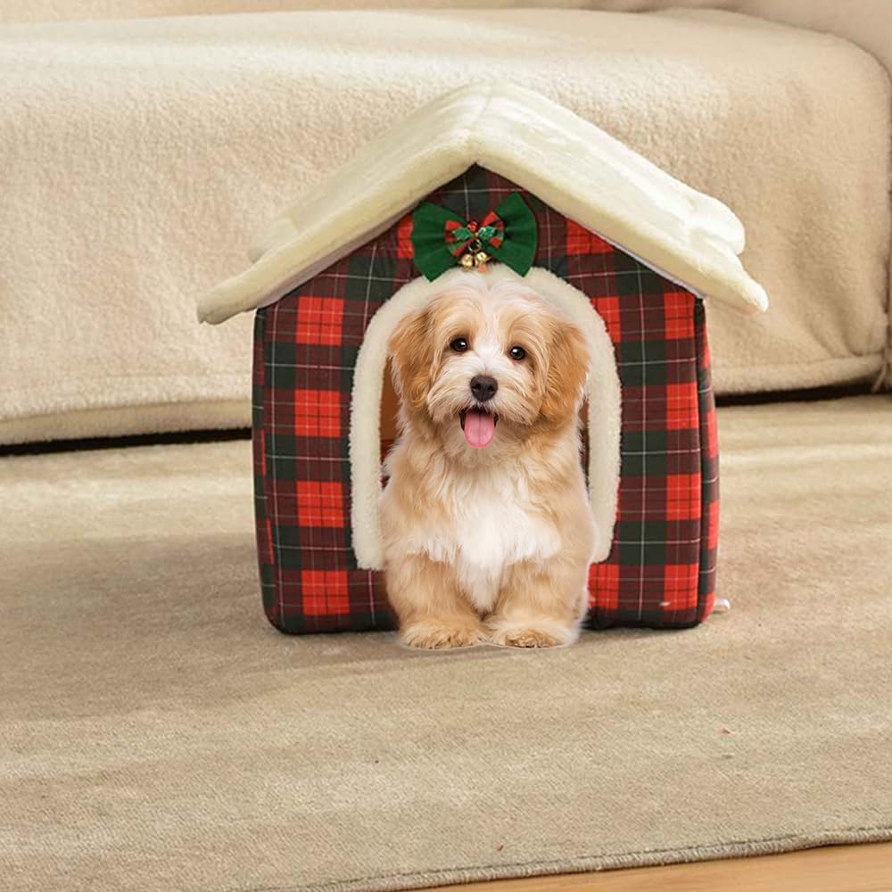 Christmas Cat Bed for Indoor Cats Plaid Xmas Cat Tent Cats Bed Cave for Pets Kittens and Dogs (Christmas Plaid, M(18.1 X 14.6 X 15.7 Inch))