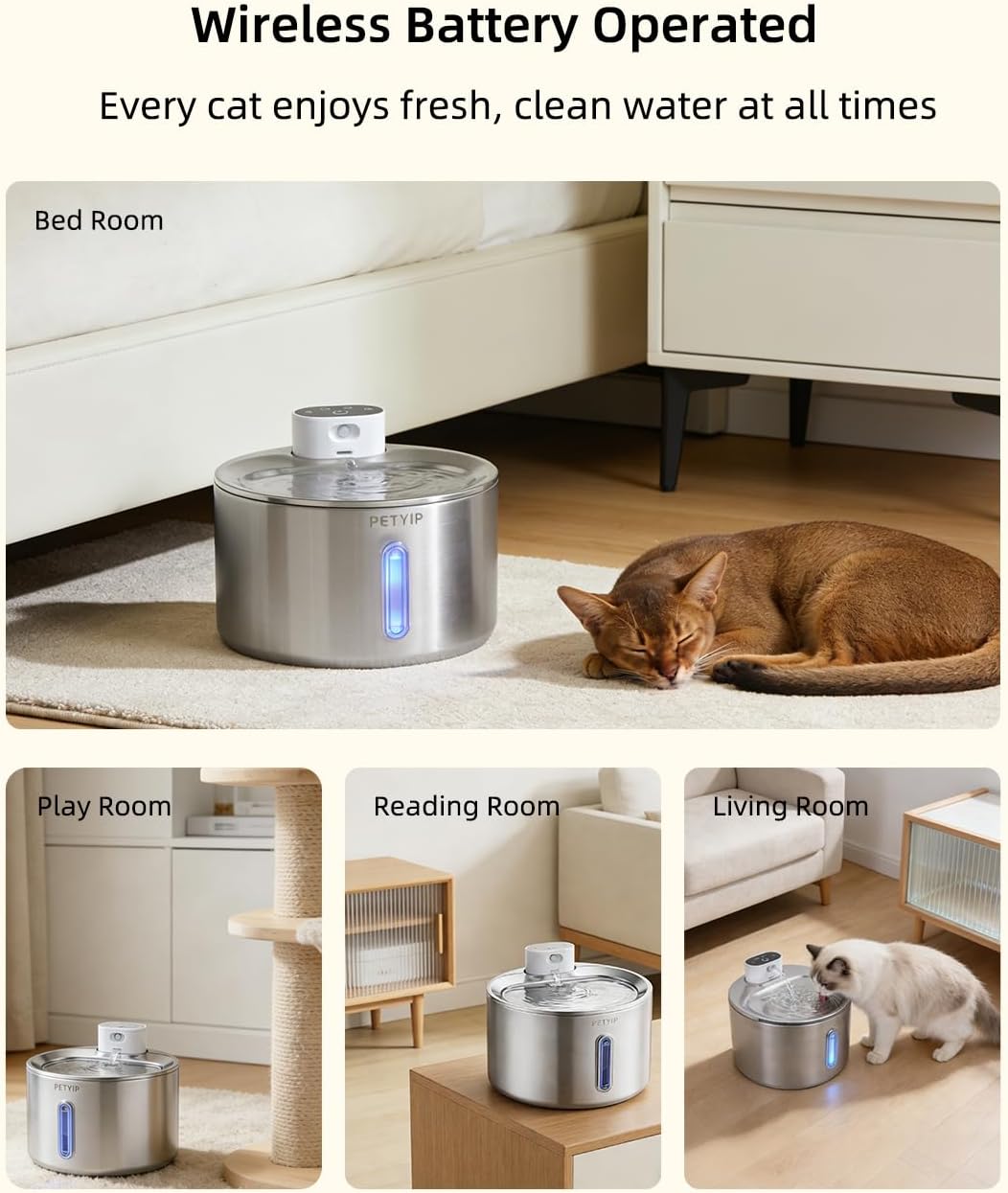 Cat Water Fountain Stainless Steel,135 Fl Oz/4L Wireless Automatic Cat Water Dispenser,5000mAh Battery Powered,for Cats & Dogs Indoor (Cat Fountain + 7 Set Filter)
