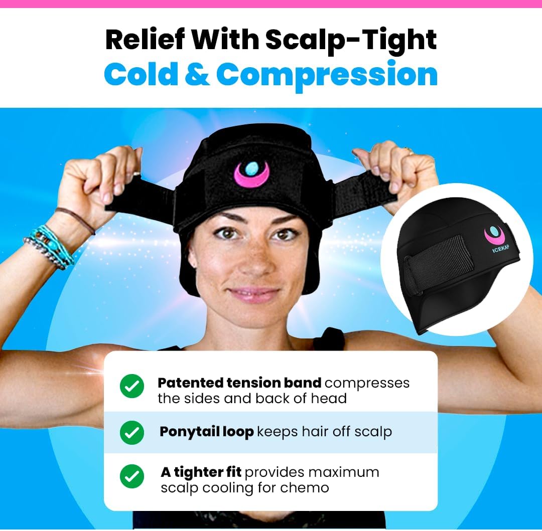 Cold Cap for Migraine Relief & Chemo, Longer Lasting Cold Swappable Gel Packs, Adjustable Compression, Class 1 Medical Device for Scalp, Concussion Relief, Chemo. Fitted Sizes, Machine Washable