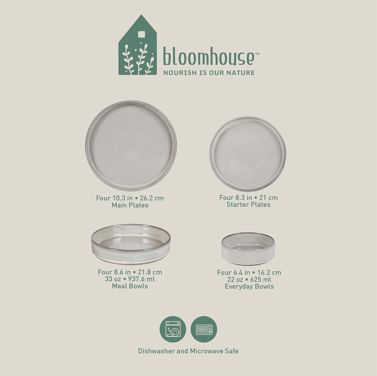 Bloomhouse - Two Time Oprah's Favorite Things Winner - Santorini Mist Double Bowl Terracotta Reactive Glaze Plates and Bowls Dinnerware Set - Moonstone White, Service for Four (16pcs)