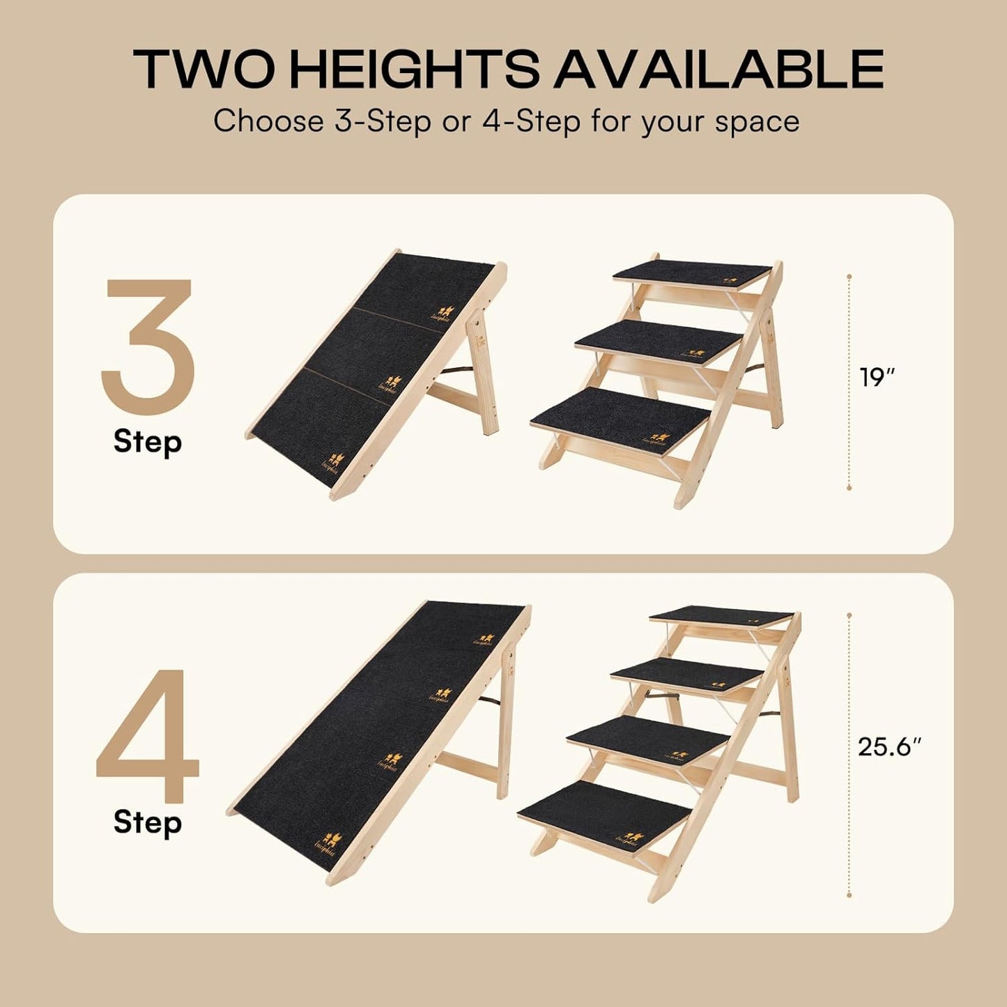 Luciphia Wooden Dog Stairs for Small Dogs 2-in-1 Foldable Dog Steps for Beds Cars Couch Anti-Slip Pet Ramp with 4 Steps Indoor Pet Stairs for Medium Large Older Pets Cats up to 220lbs